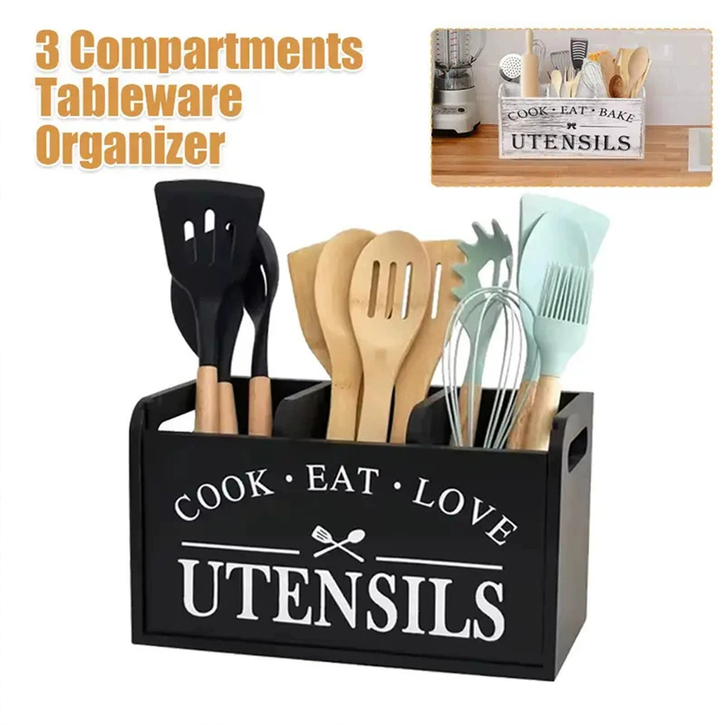 Kitchen Appliances Storage - Wood Kitchen Utensils Holder 3 Compartments